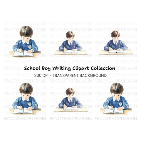 Boys Studying at Desk Clipart Bundle