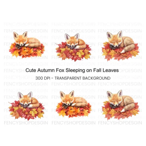 Cute Sleeping Fox on Autumn Leaves Clipart Bundle