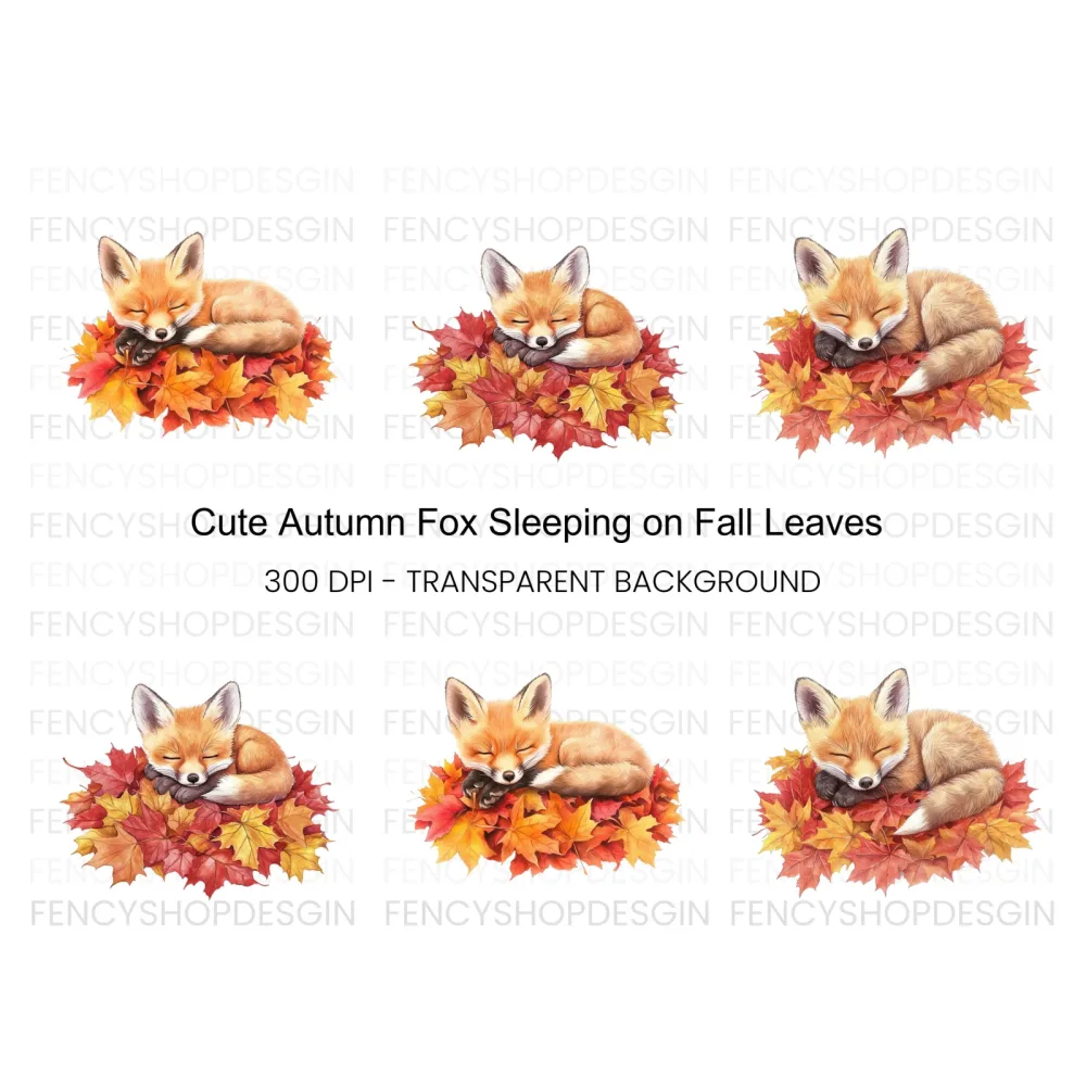 Cute Sleeping Fox on Autumn Leaves Clipart Bundle