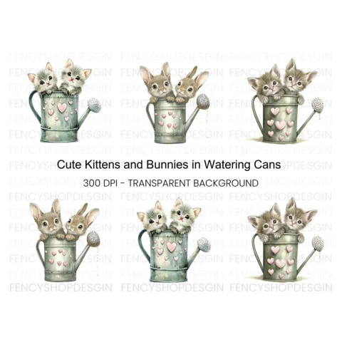 Cute Animals in Watering Cans Clipart Bundle