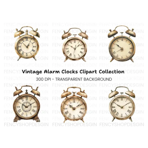 Vintage Alarm Clocks Clipart Bundle