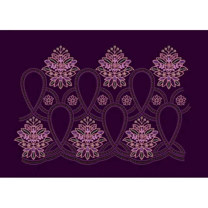 Paisley Arch Floral Border Purple & Green Embroidery Design