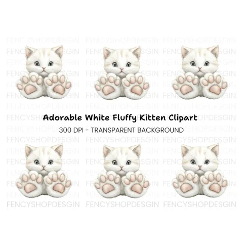 Adorable White Kitten with Big Paws Clipart Bundle