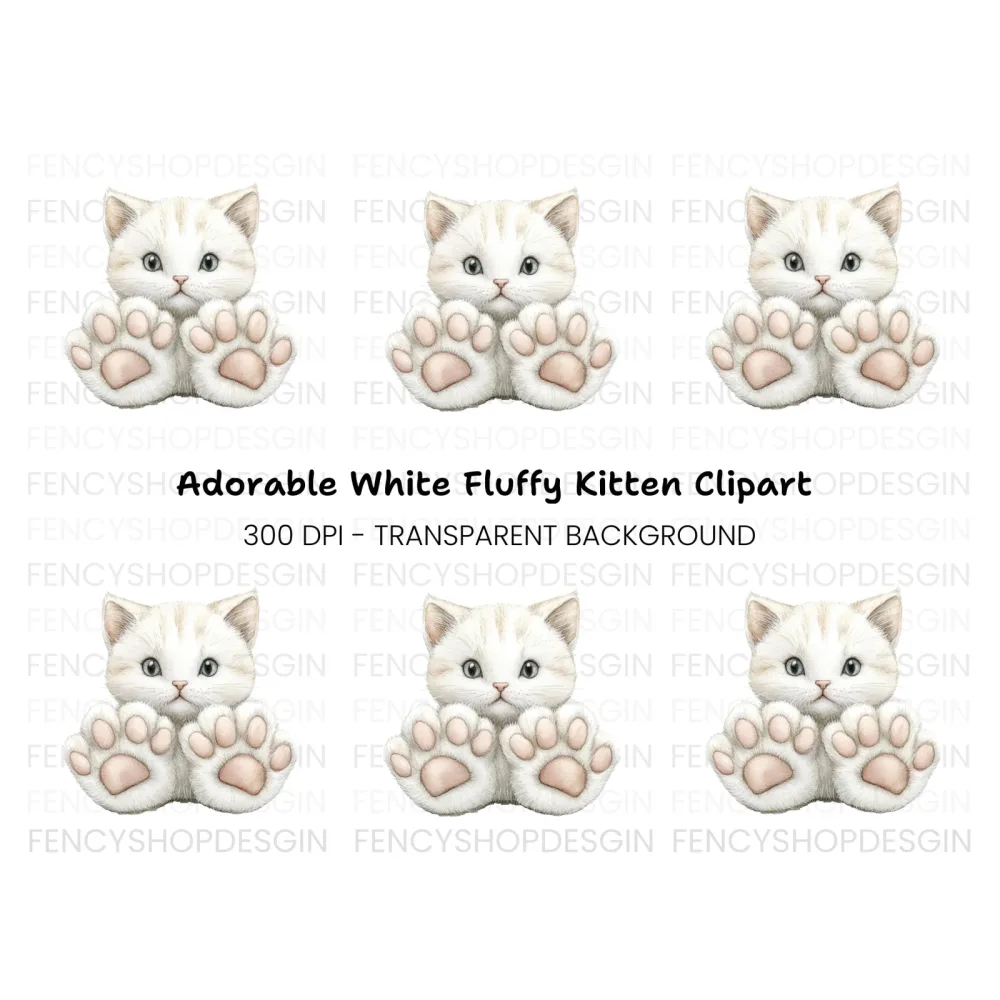 Adorable White Kitten with Big Paws Clipart Bundle