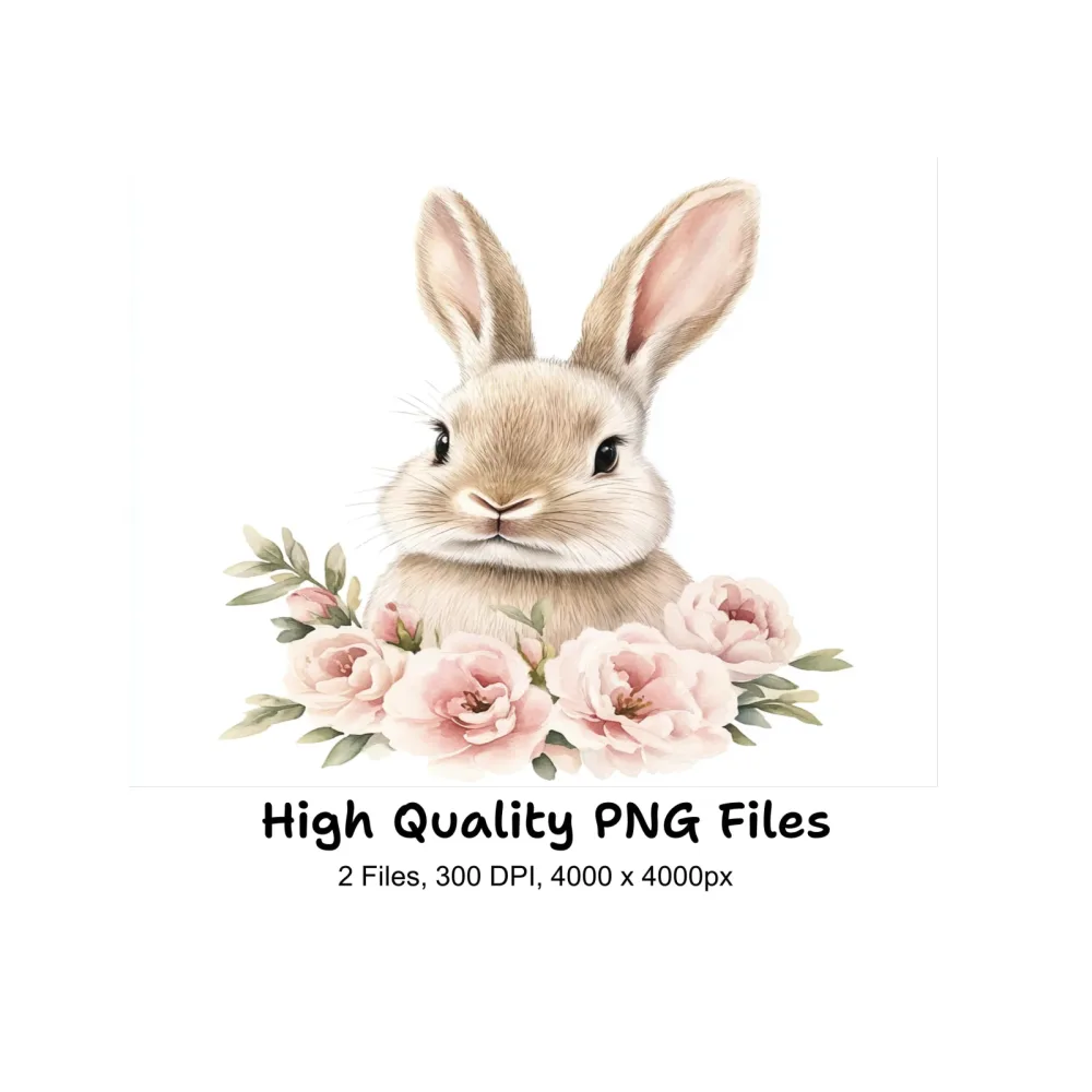 Adorable Bunny with Pink Flowers Clipart Bundle