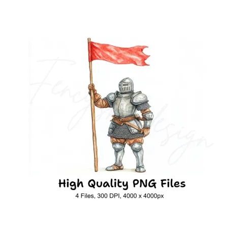 Medieval Knights with Red Flags Clipart Bundle