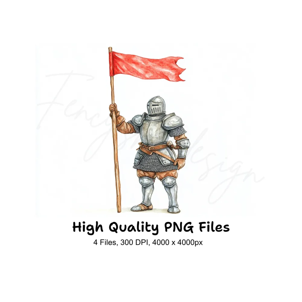 Medieval Knights with Red Flags Clipart Bundle