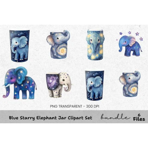 Blue Starry Elephant Jar Clipart Bundle
