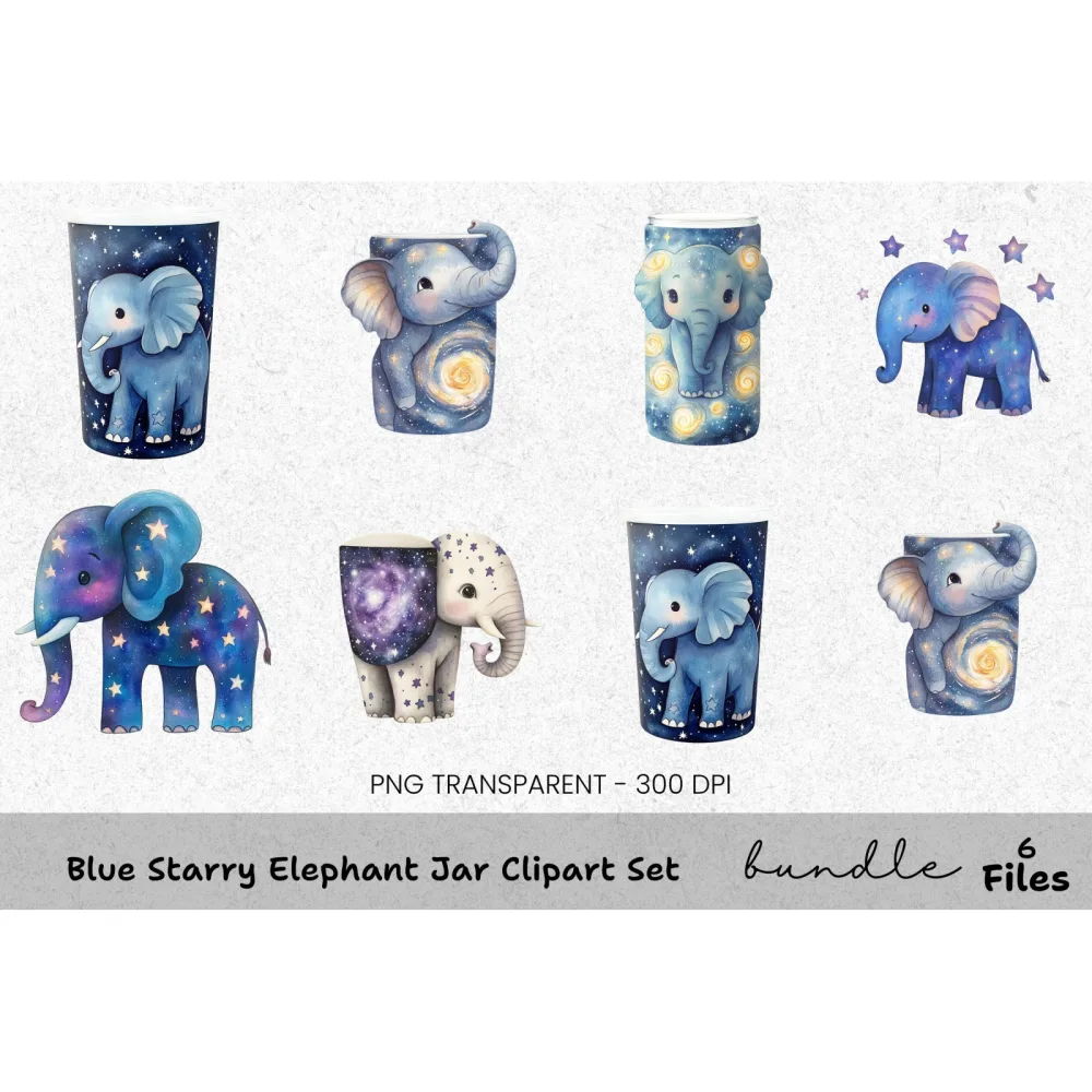 Blue Starry Elephant Jar Clipart Bundle