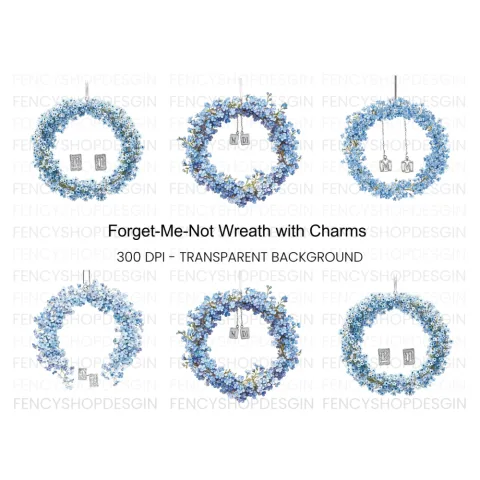 Forget Me Not Wreaths with Initials Clipart Bundle