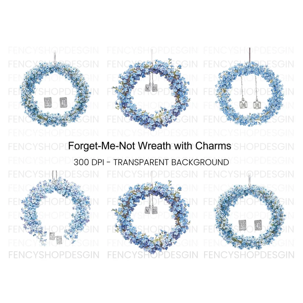 Forget Me Not Wreaths with Initials Clipart Bundle