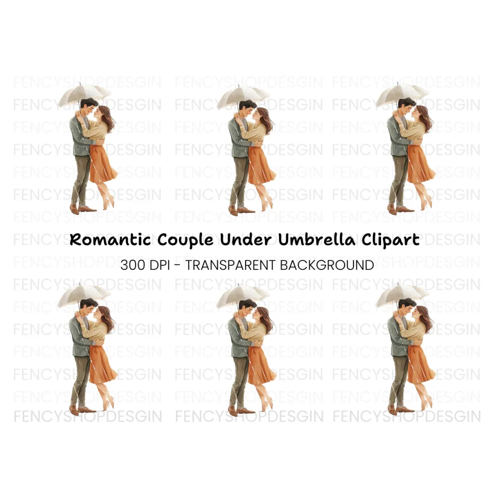 Romantic Couple Under Umbrella Clipart Bundle