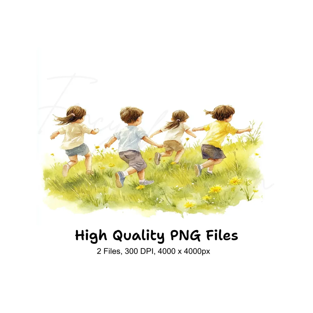Kids Running in Grass Clipart Bundle