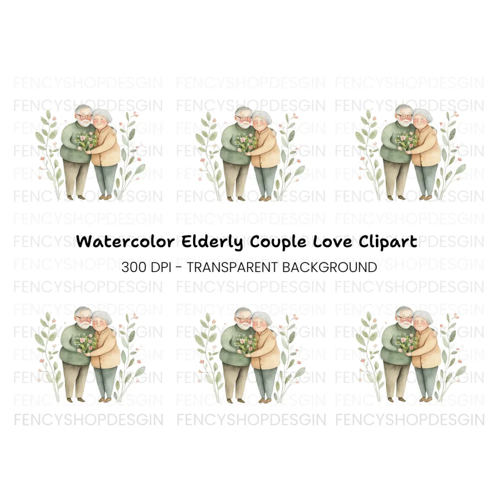 Elderly Couple with Flowers Clipart Bundle
