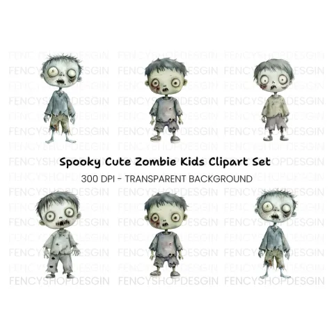 Cute Zombie Kids Halloween Clipart Bundle
