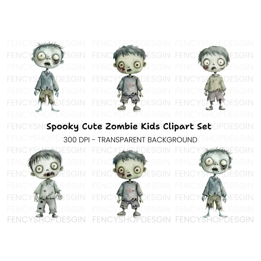 Cute Zombie Kids Halloween Clipart Bundle