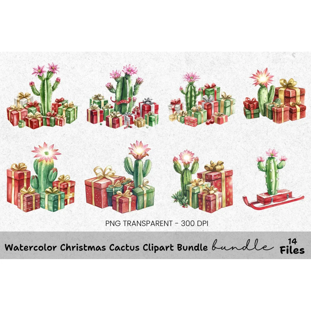 Christmas Cactus Clipart Bundle