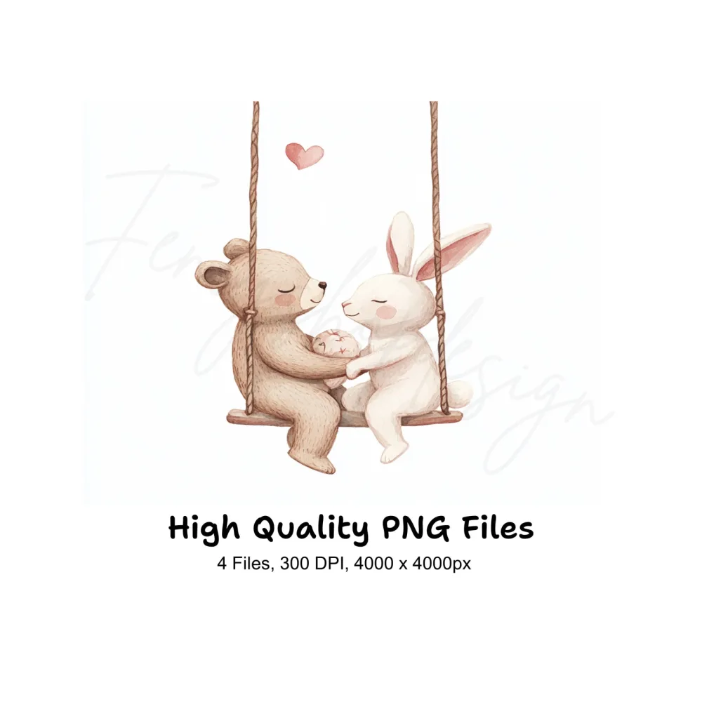 Cute Bunny and Bear Couple on Swings Clipart Bundle