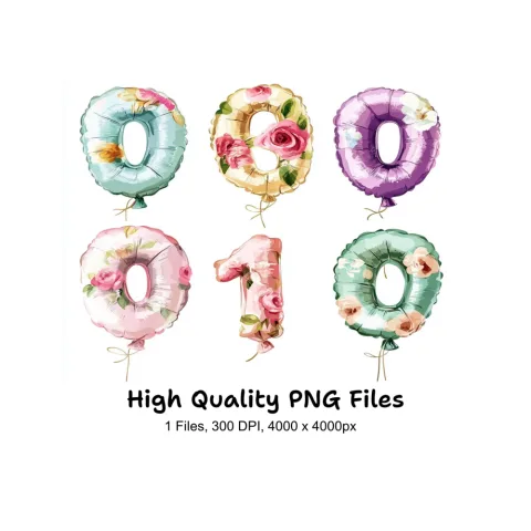 Floral Number Balloons Clipart Bundle