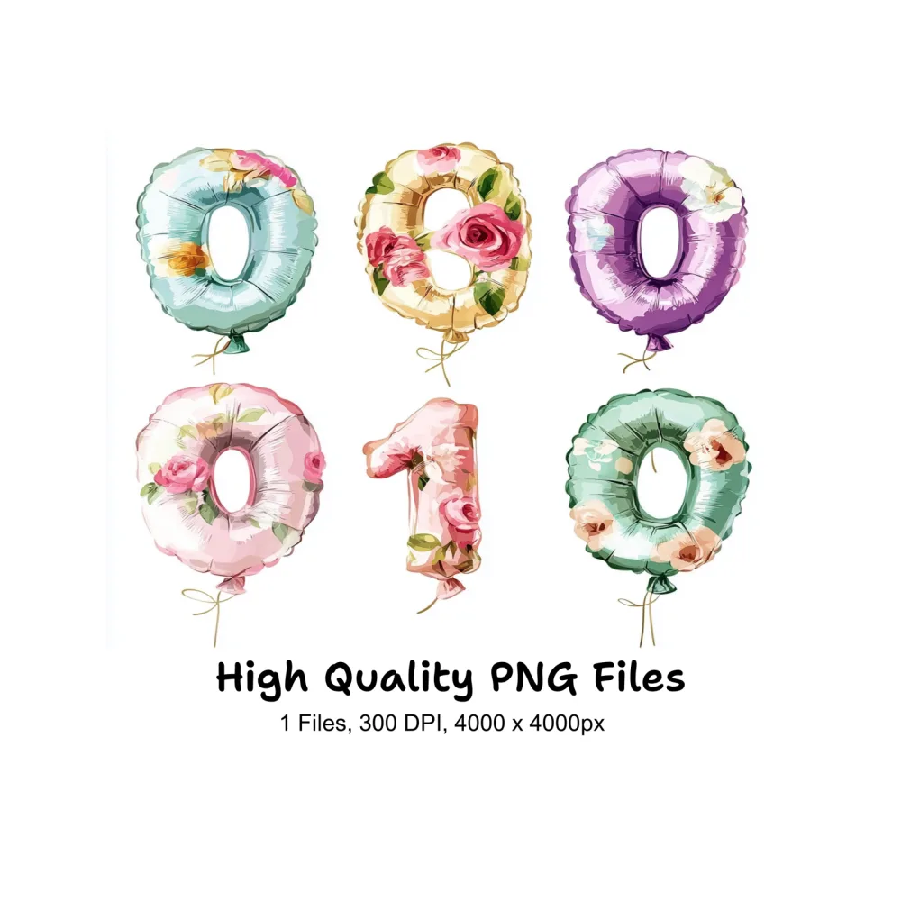 Floral Number Balloons Clipart Bundle