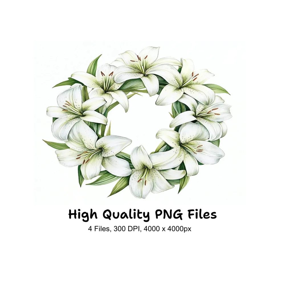 Elegant White Lily Wreaths Clipart Bundle