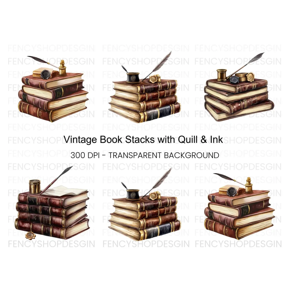 Vintage Books and Quill Clipart Bundle
