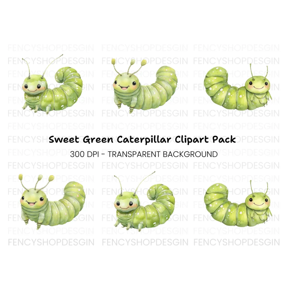 Cute Green Caterpillar Clipart Bundle