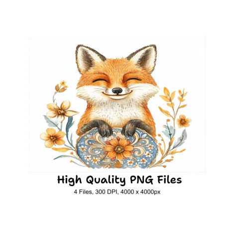 Happy Fox in Floral Egg Clipart Bundle