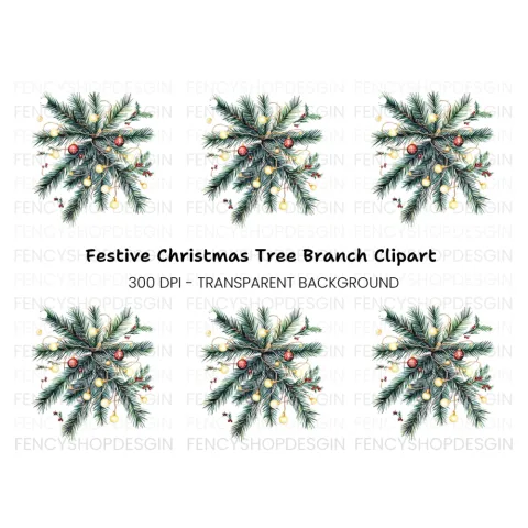Christmas Pine Branch with Lights Clipart Bundle