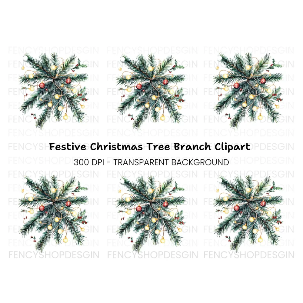 Christmas Pine Branch with Lights Clipart Bundle
