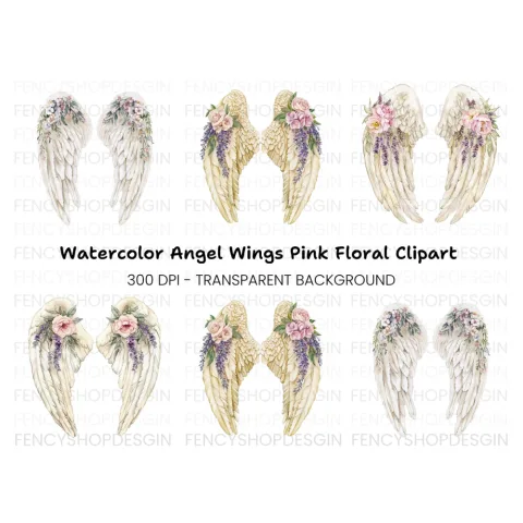 Romantic Angel Wings with Pink Roses Clipart Bundle