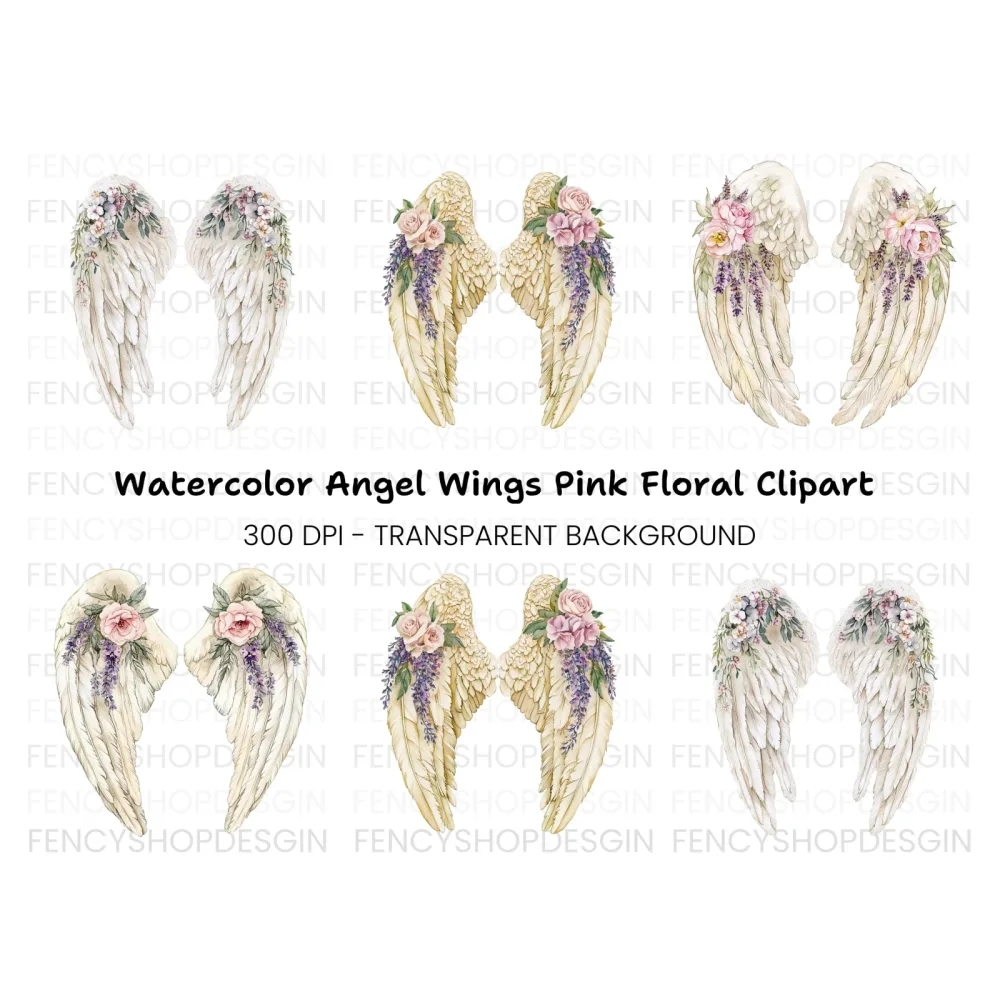 Romantic Angel Wings with Pink Roses Clipart Bundle