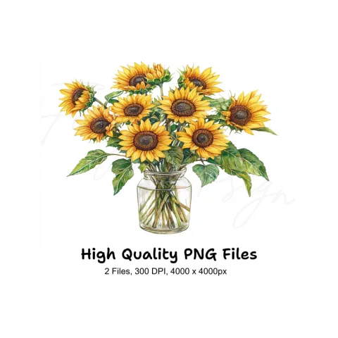 Sunny Sunflower Arrangements in Glass Jars Clipart Bundle