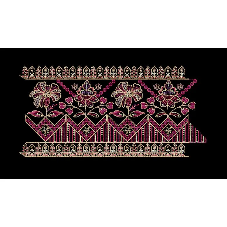 Floral Border Purple Flower With Golden Line Embroidery Design