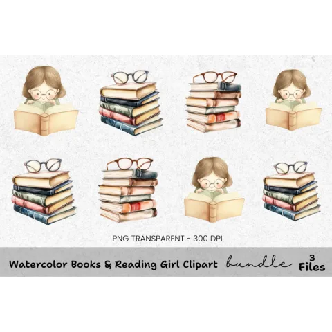 Books Reading Girl Clipart Bundle