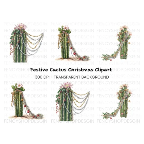 Decorated Christmas Cactus Clipart Bundle