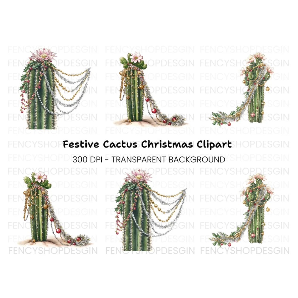 Decorated Christmas Cactus Clipart Bundle