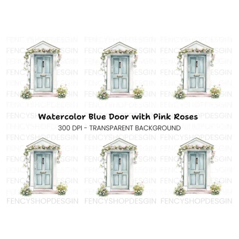 Charming Blue Door with Floral Decor Clipart Bundle