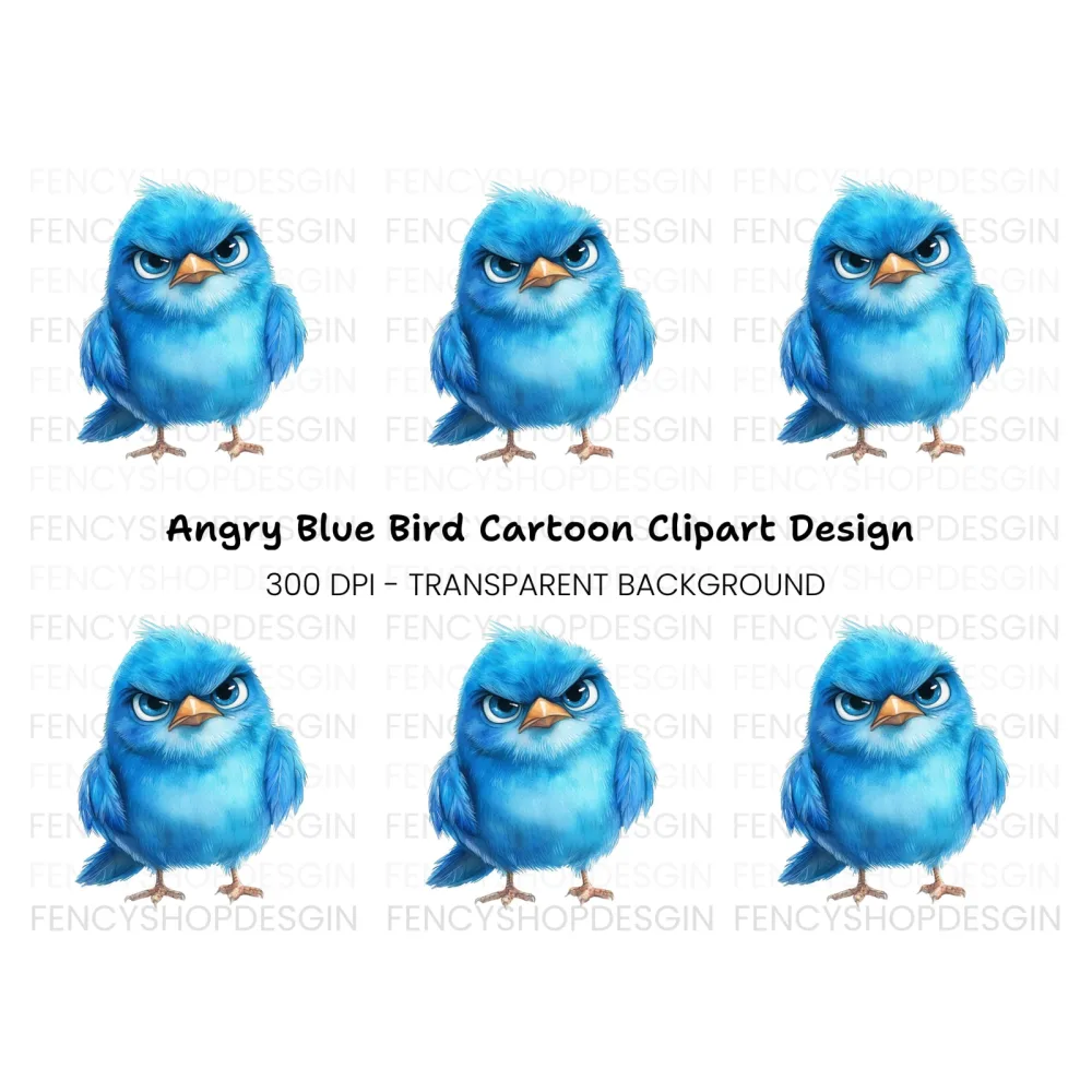 Grumpy Blue Bird Illustration Clipart Bundle