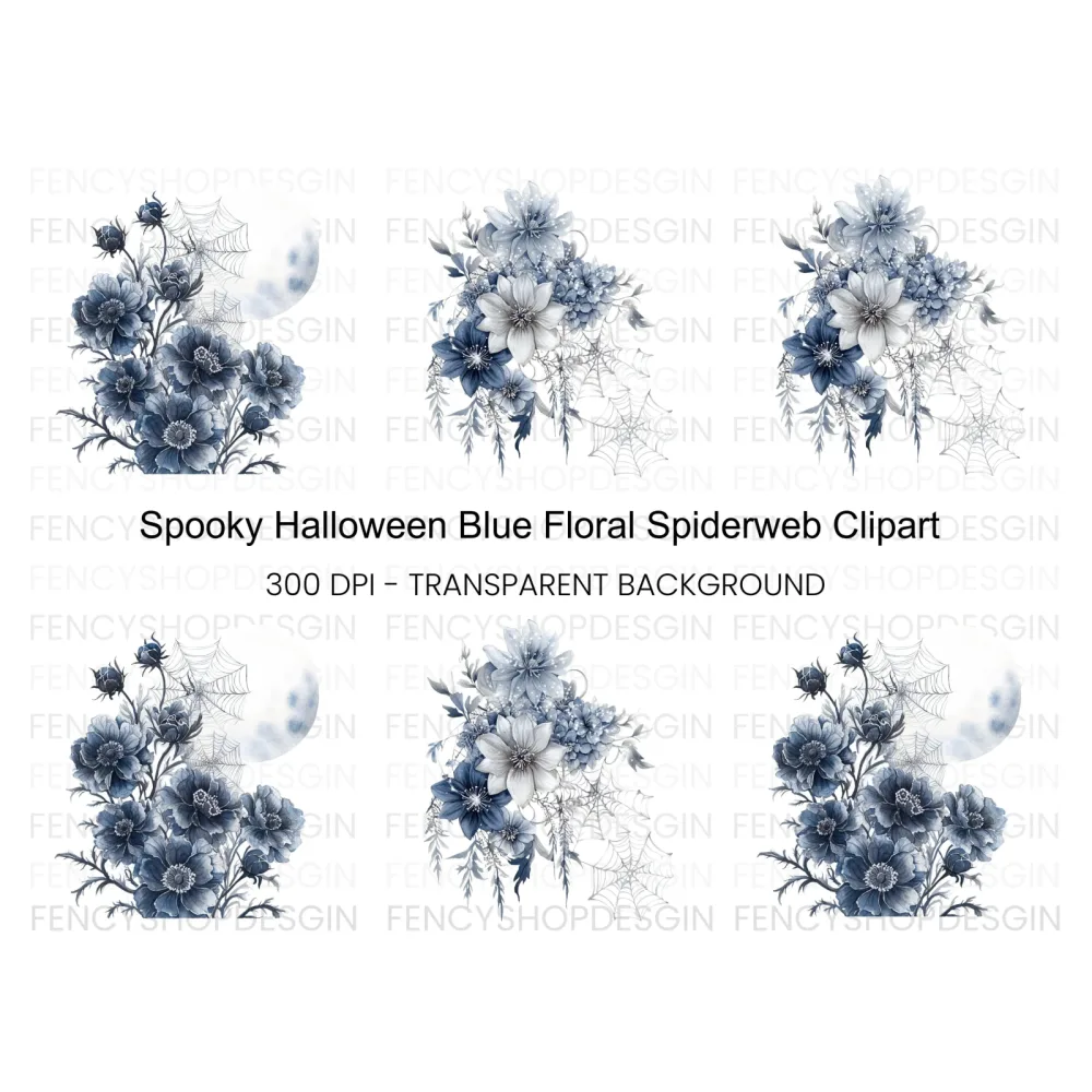 Spooky Blue Floral Halloween Clipart Bundle
