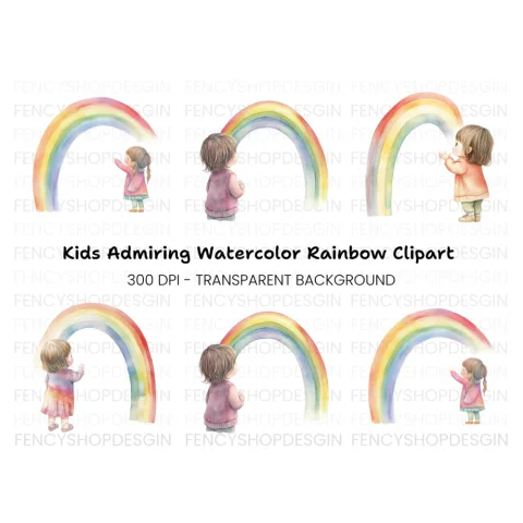 Girls Looking at Rainbow Clipart Bundle