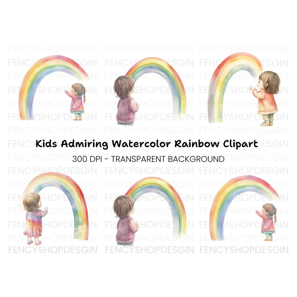 Girls Looking at Rainbow Clipart Bundle