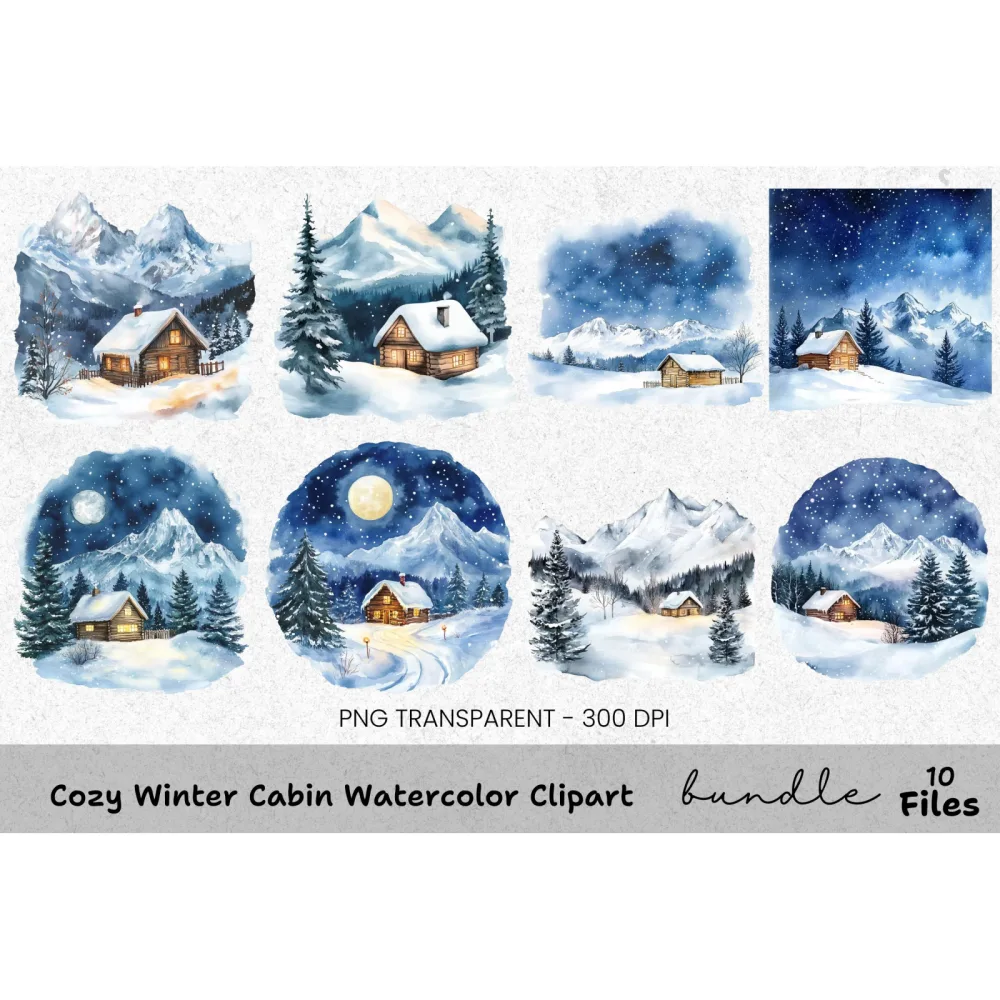 Snowy Mountain Cabin Clipart Bundle