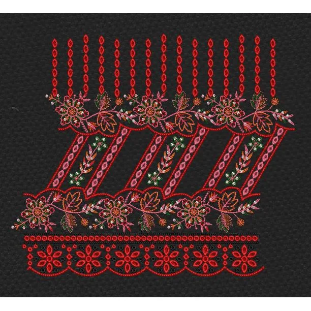 Floral Border Red Vertical Lines Embroidery Design
