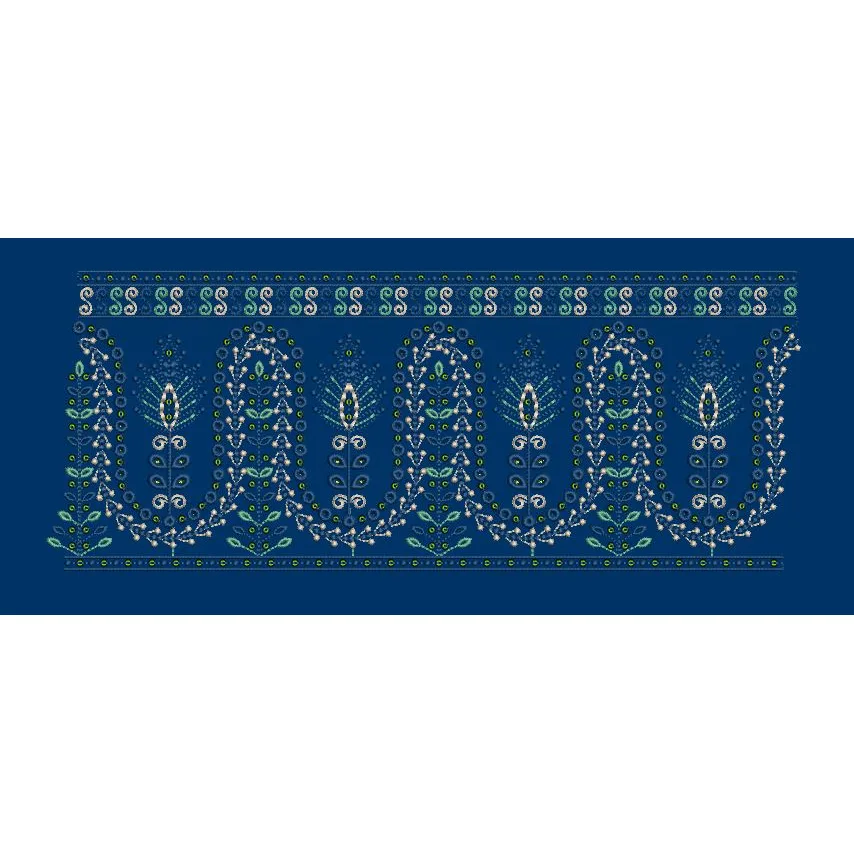 Floral Border Blue Curve Lines Embroidery Design