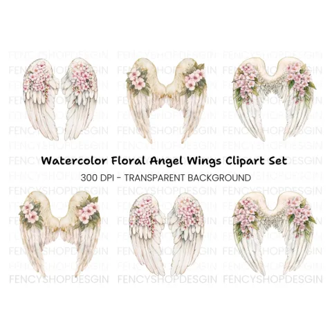 Angel Wings with Pink Flowers Clipart Bundle