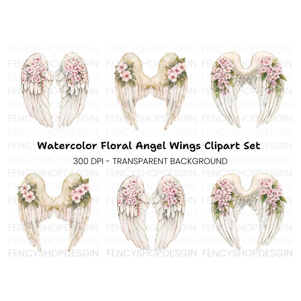 Angel Wings with Pink Flowers Clipart Bundle