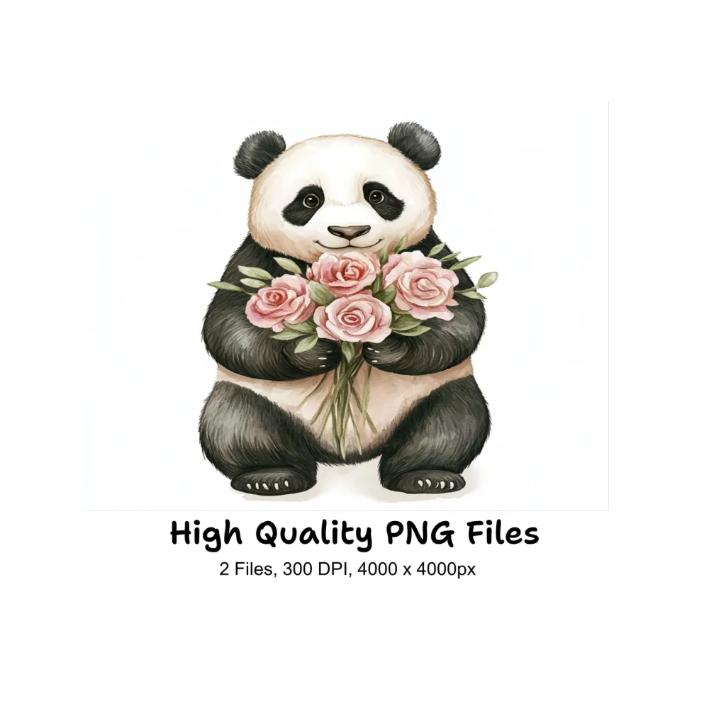 Cute Panda with Pink Roses Clipart Bundle