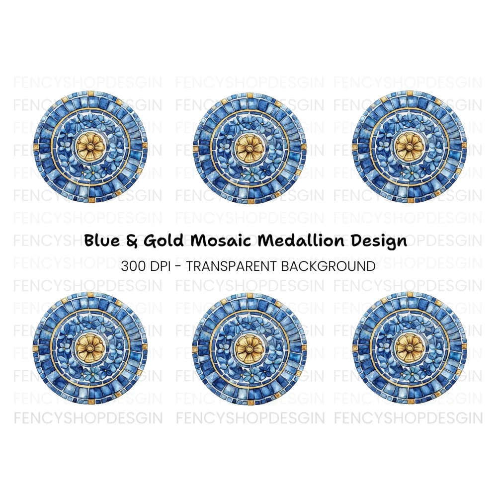 Blue Floral Mosaic Tile Clipart Bundle