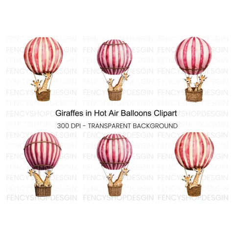 Giraffes in Hot Air Balloons Clipart Bundle